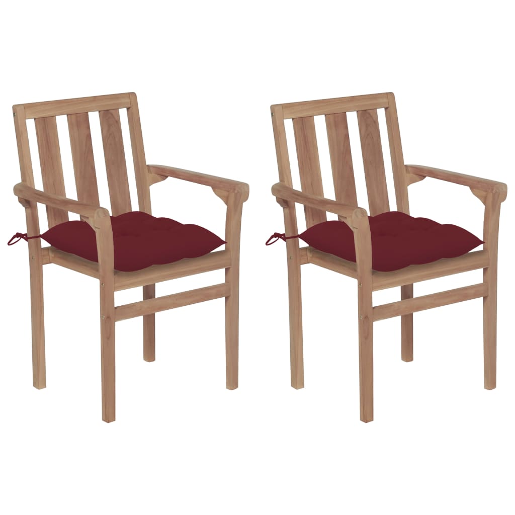 vidaXL Градински столове, 2 бр, виненочервени възглавници, тик масив