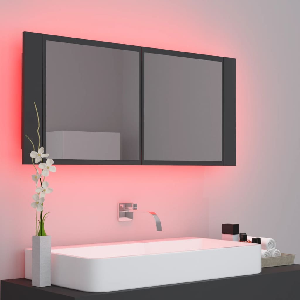 vidaXL Шкаф с LED огледало за баня, сиво, 100x12x45 см, акрил