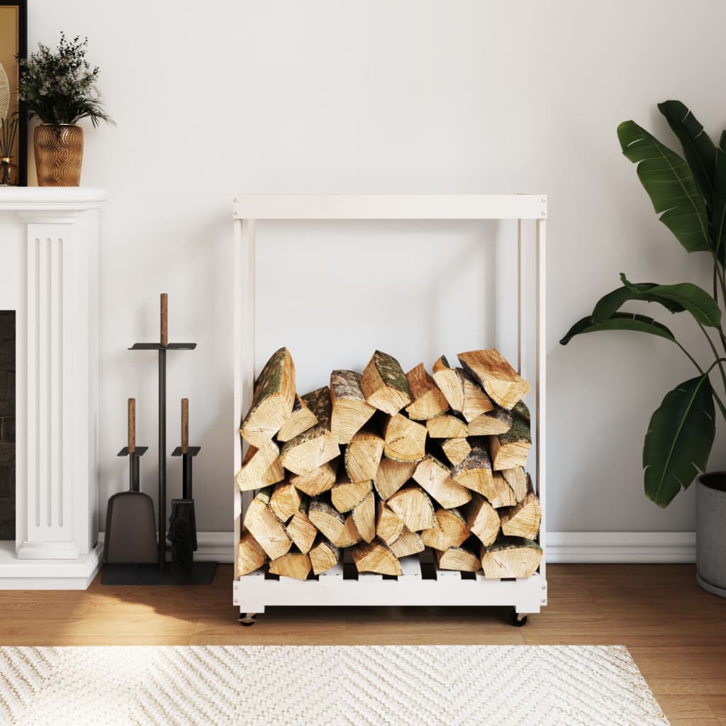 vidaXL Поставка за дърва с колелца, бяла, 76,5x40x108 см, бор масив