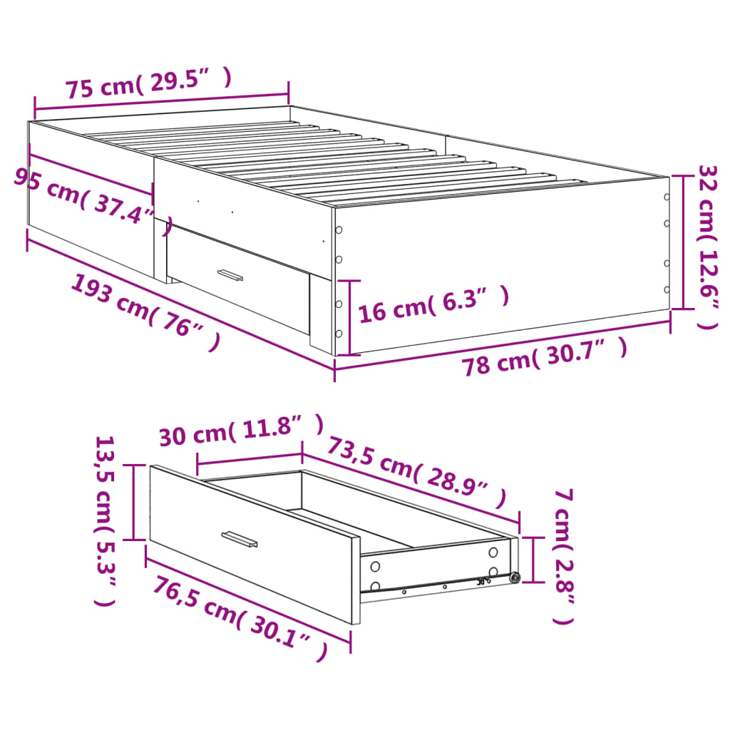 vidaXL Рамка за легло с чекмедже кафяв дъб 90x190 см инженерно дърво