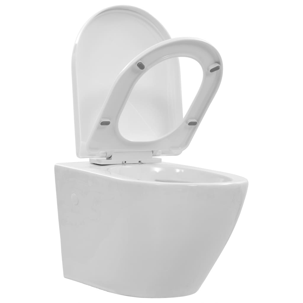 vidaXL Окачена тоалетна чиния без ръб, керамична, бяла