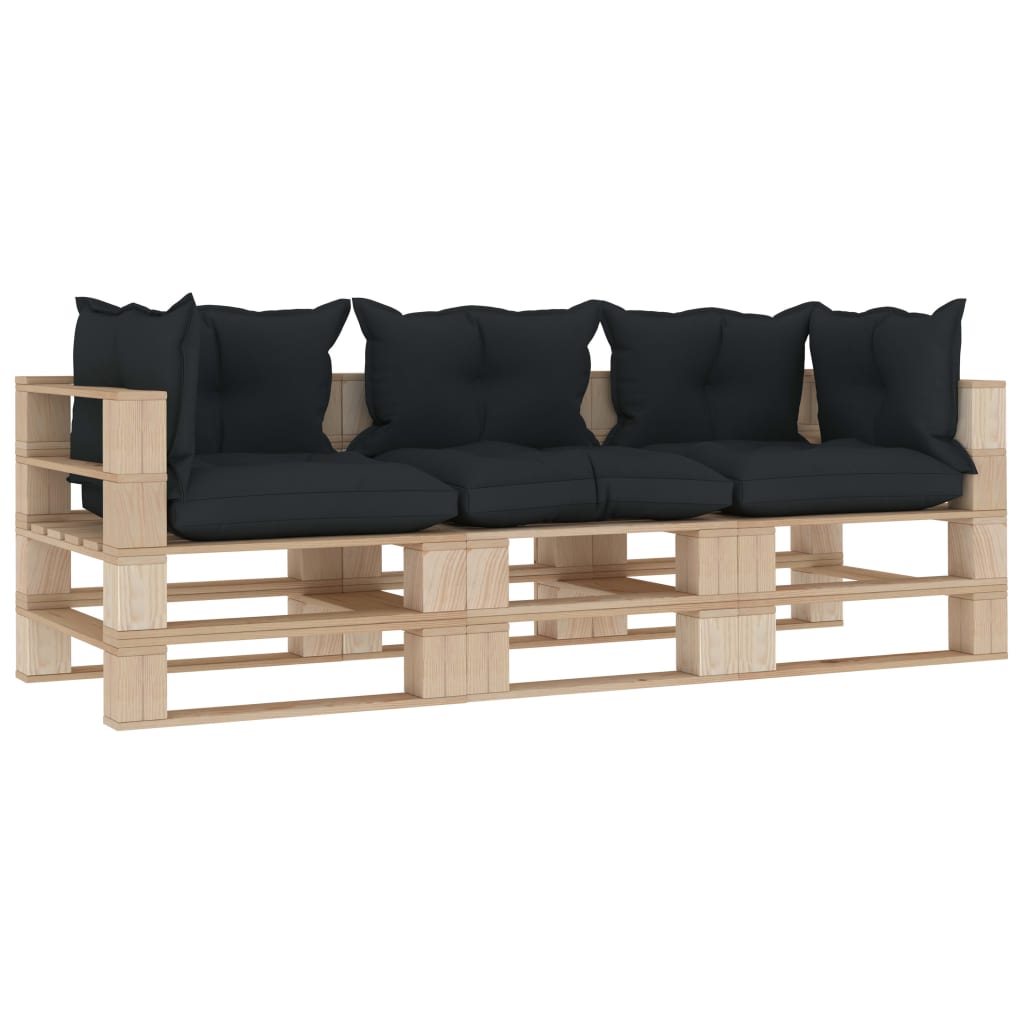 vidaXL Градински 3-местен палетен диван с възглавници антрацит дърво