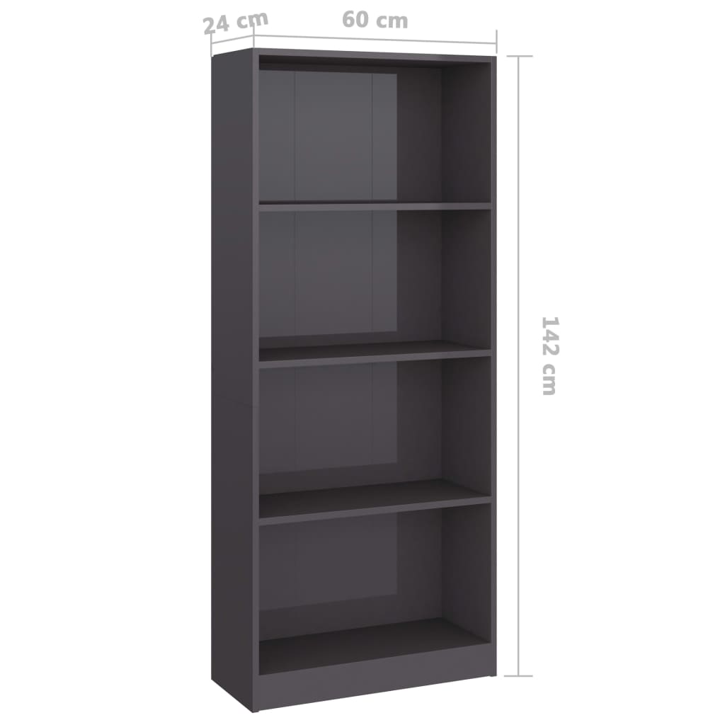 vidaXL 4-етажна библиотека, сив гланц, 60x24x142 см, ПДЧ