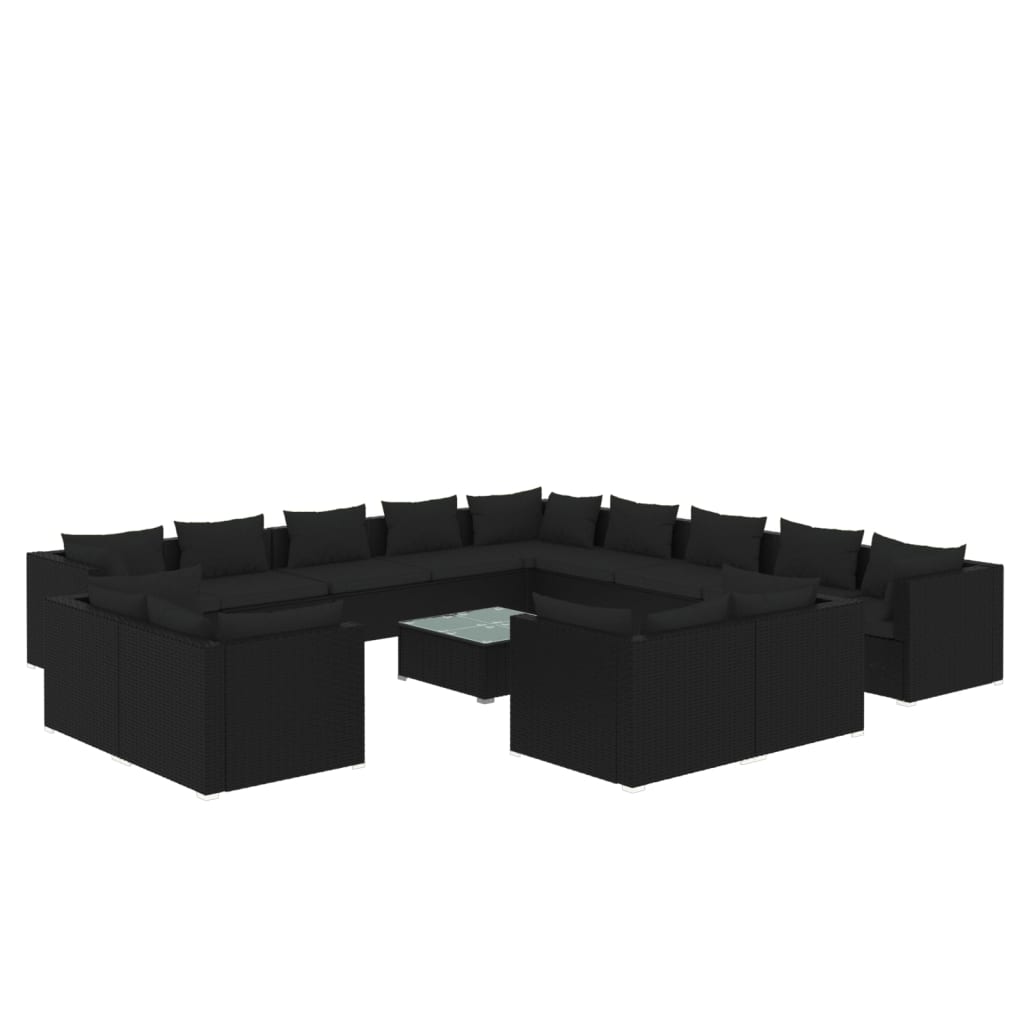 vidaXL Градински комплект с възглавници 14 части черен полиратан