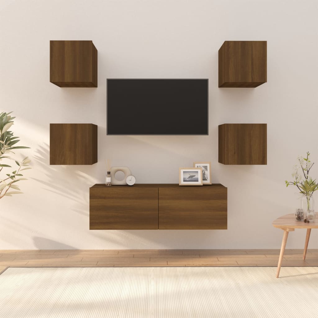 vidaXL Комплект ТВ шкафове за стенен монтаж кафяв дъб инженерно дърво