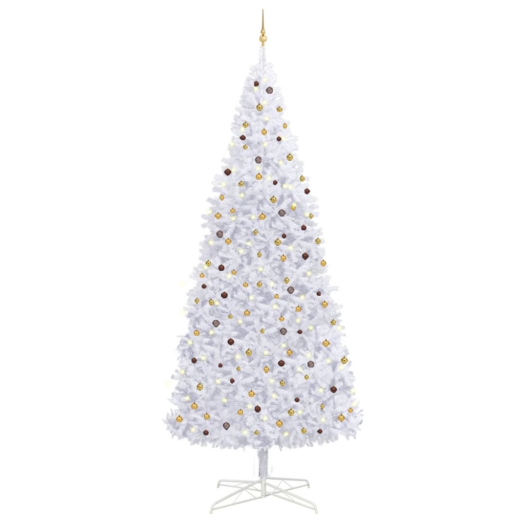 vidaXL Изкуствена осветена коледна елха с топки и LED, 400 см, бяла