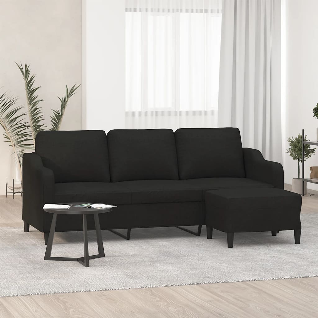 vidaXL 3-местен диван с табуретка, черен, 180 см, плат
