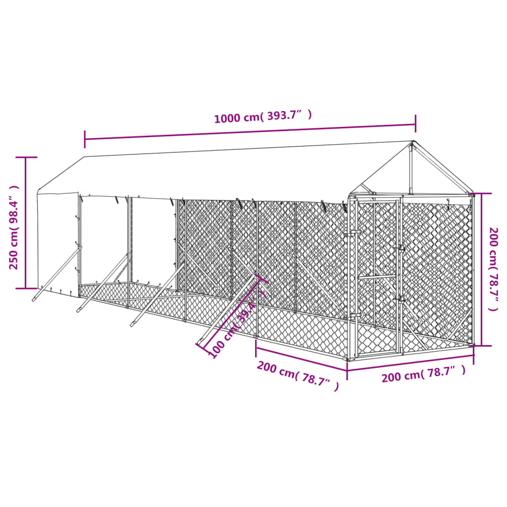 vidaXL Външна клетка за куче с покрив сребриста 2x10x2,5 м стомана