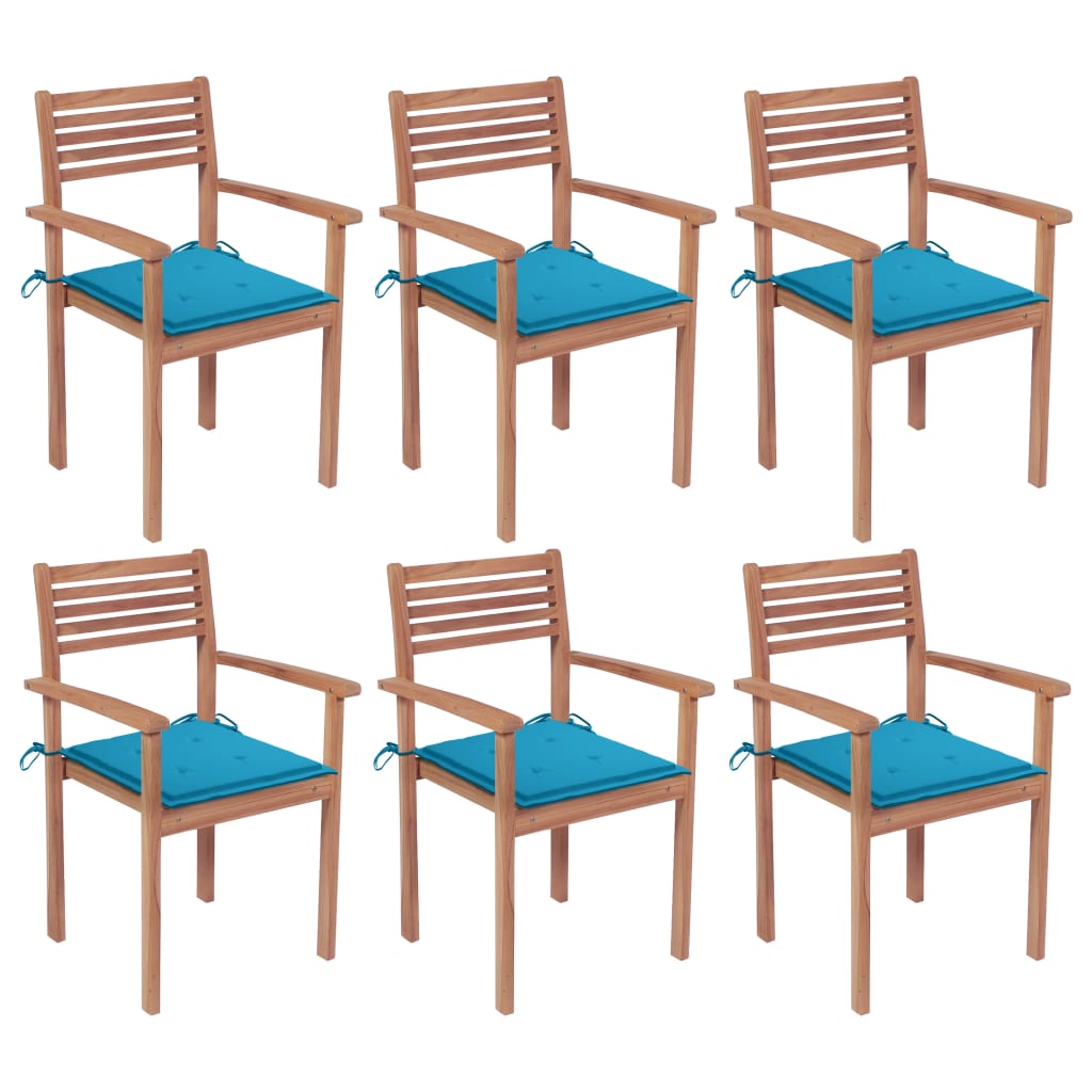 vidaXL Стифиращи градински столове с възглавници, 6 бр, тик масив