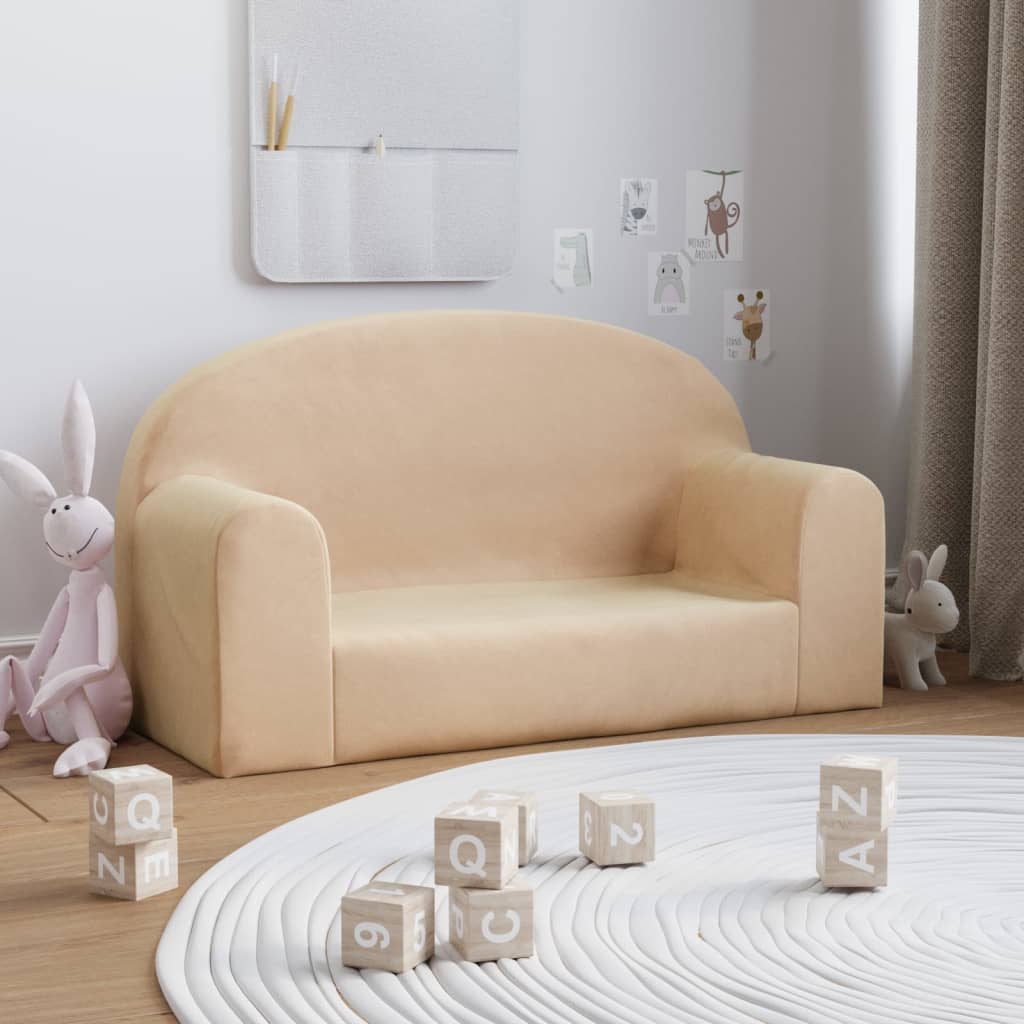 vidaXL 2-местен детски диван, кремав, мек плюш