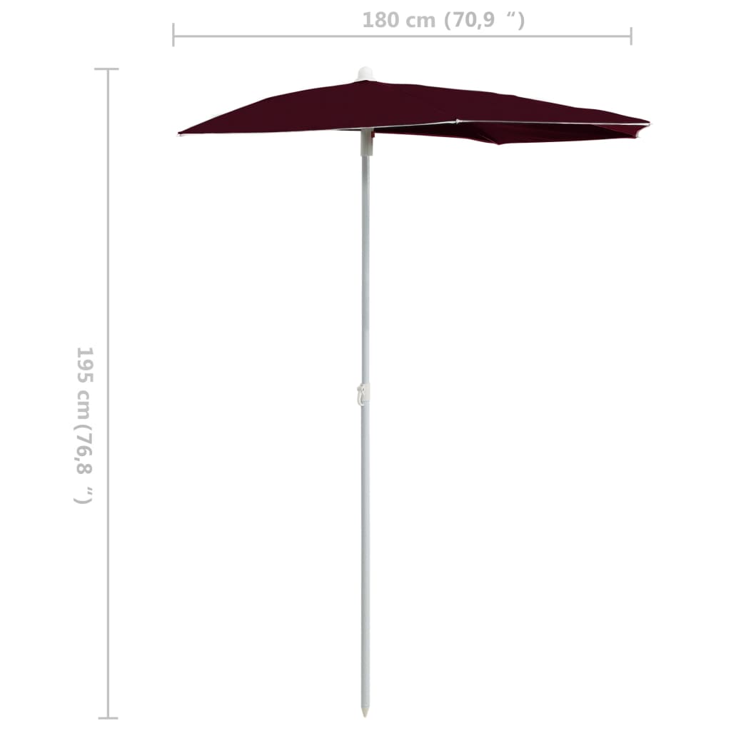 vidaXL Градински полукръгъл чадър с прът 180x90 см бордо червен