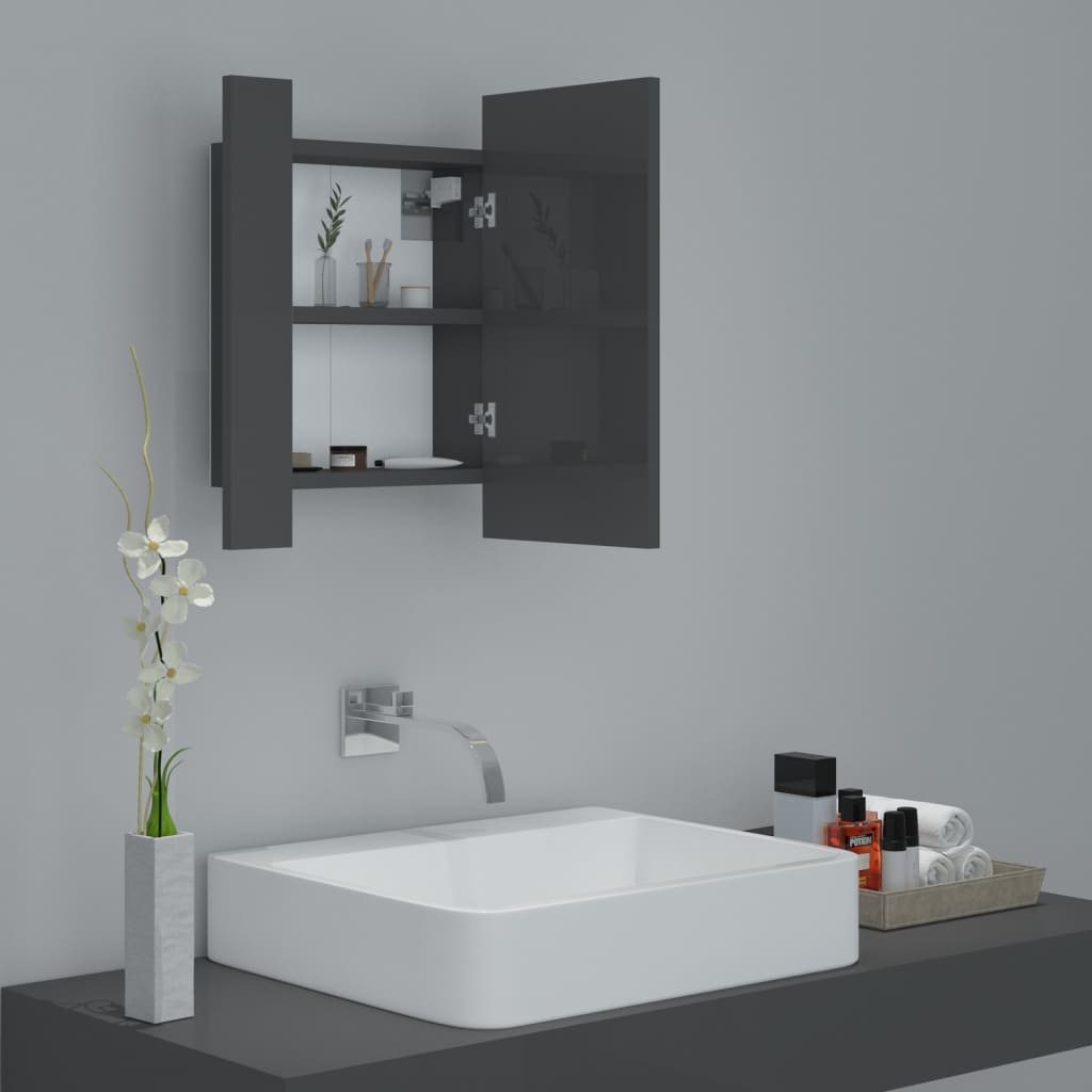 vidaXL Шкаф с LED огледало за баня, сив гланц, 40x12x45 см, акрил