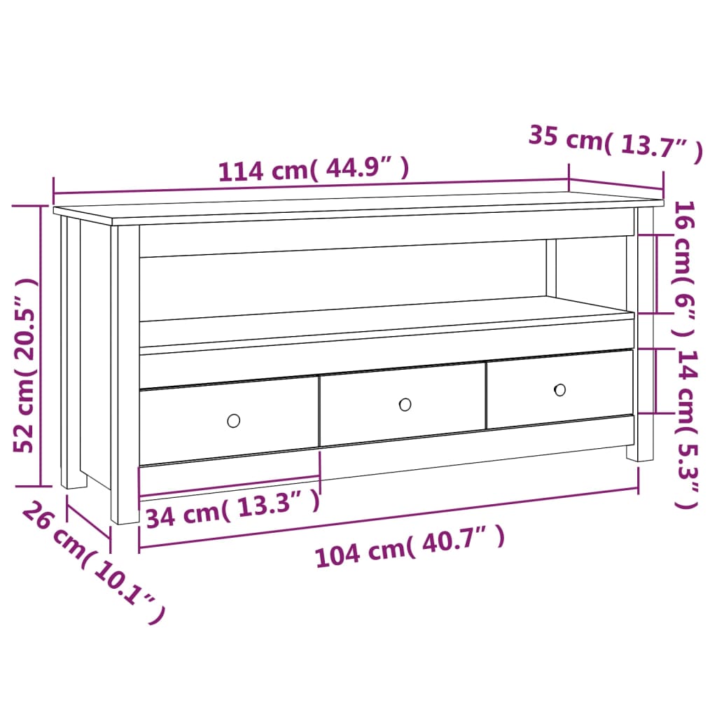 vidaXL ТВ шкаф, бял, 114x35x52 см, бор масив