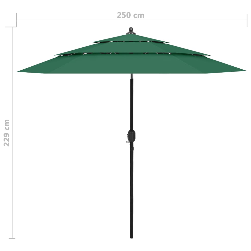 vidaXL Градински чадър на 3 нива с алуминиев прът, зелен, 2,5 м