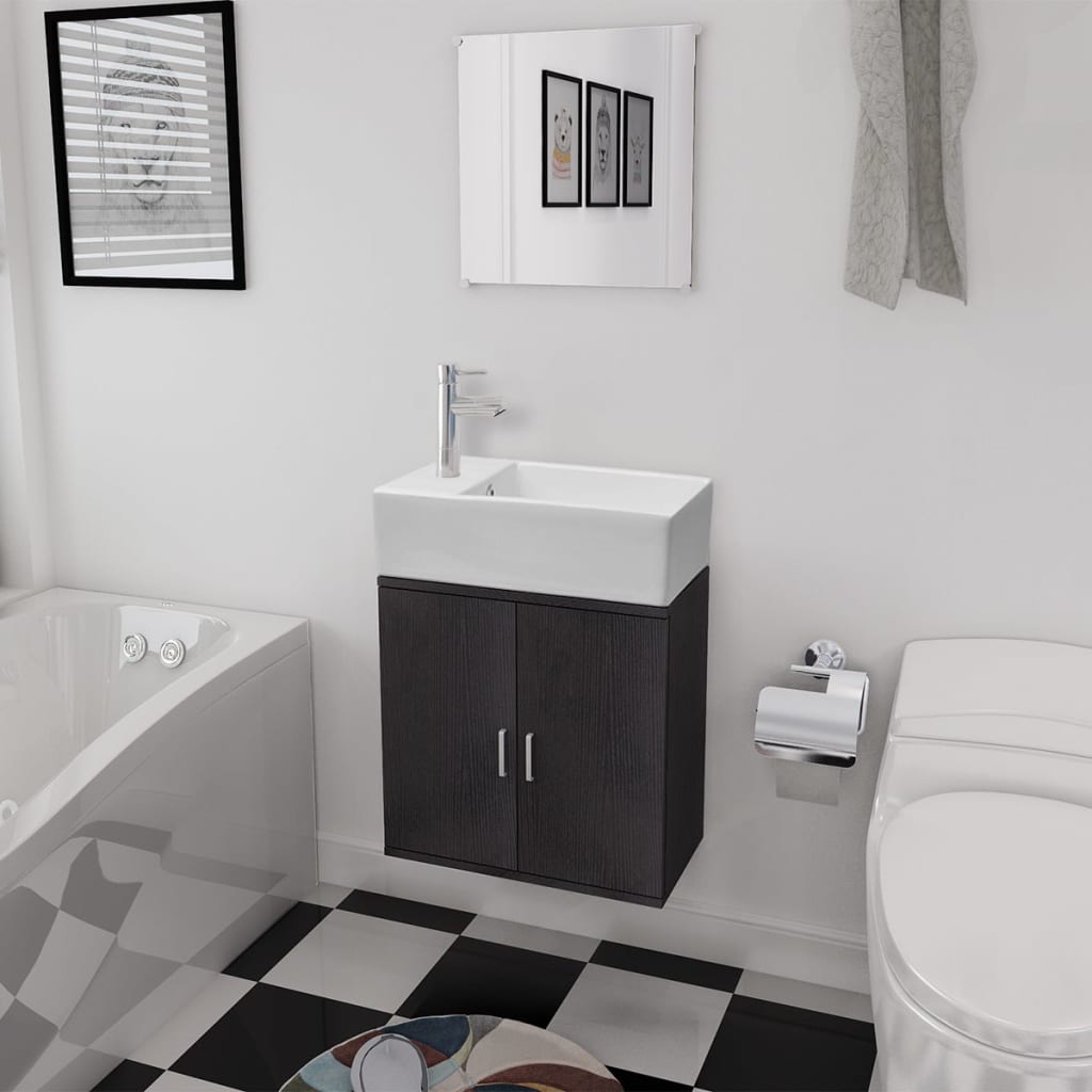 vidaXL Комплект мебели за баня от 3 части и мивка, черен цвят