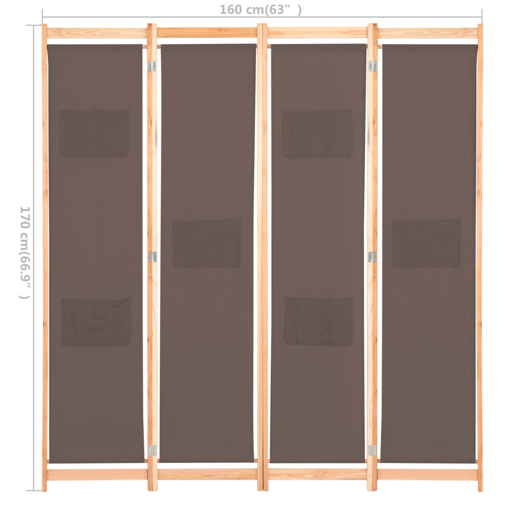 vidaXL Параван за стая, 4 панела, кафяв, 160x170x4 cм, текстил