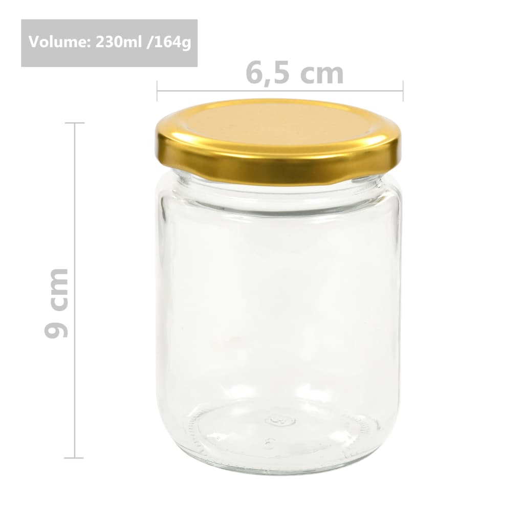 vidaXL Стъклени буркани за сладко със златисти капачки, 96 бр, 230 мл