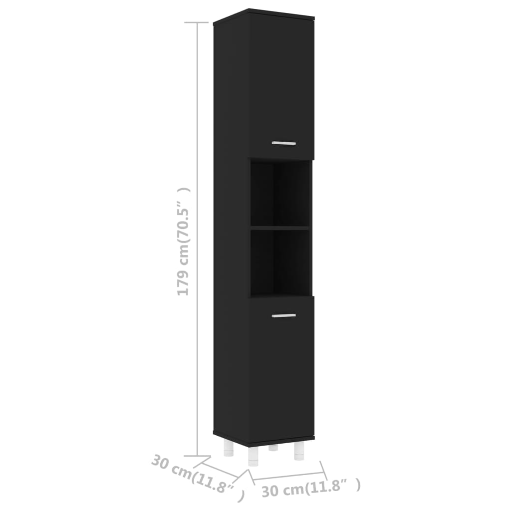 vidaXL Шкаф за баня, черен, 30x30x179 см, ПДЧ
