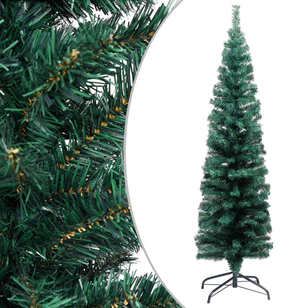 vidaXL Слим изкуствена светеща елха със стойка зелена 120 см PVC