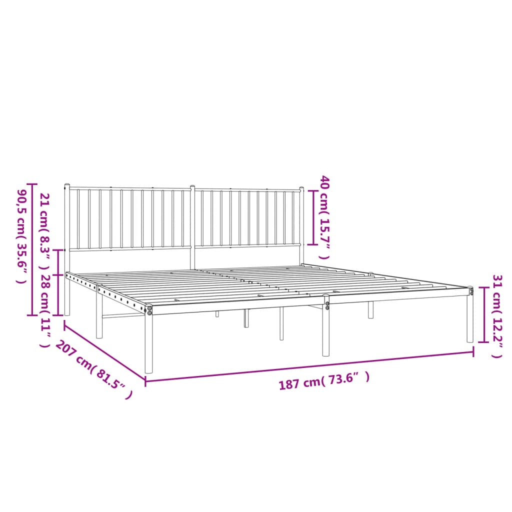 vidaXL Метална рамка за легло с горна табла, бяла, 180x200 см