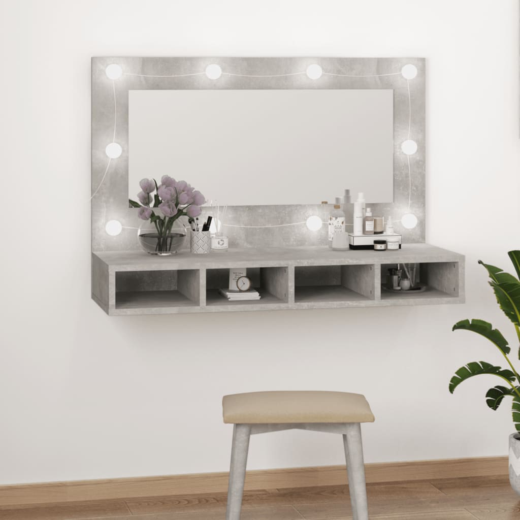 vidaXL Огледален шкаф с LED, бетонно сив, 90x31,5x62 см