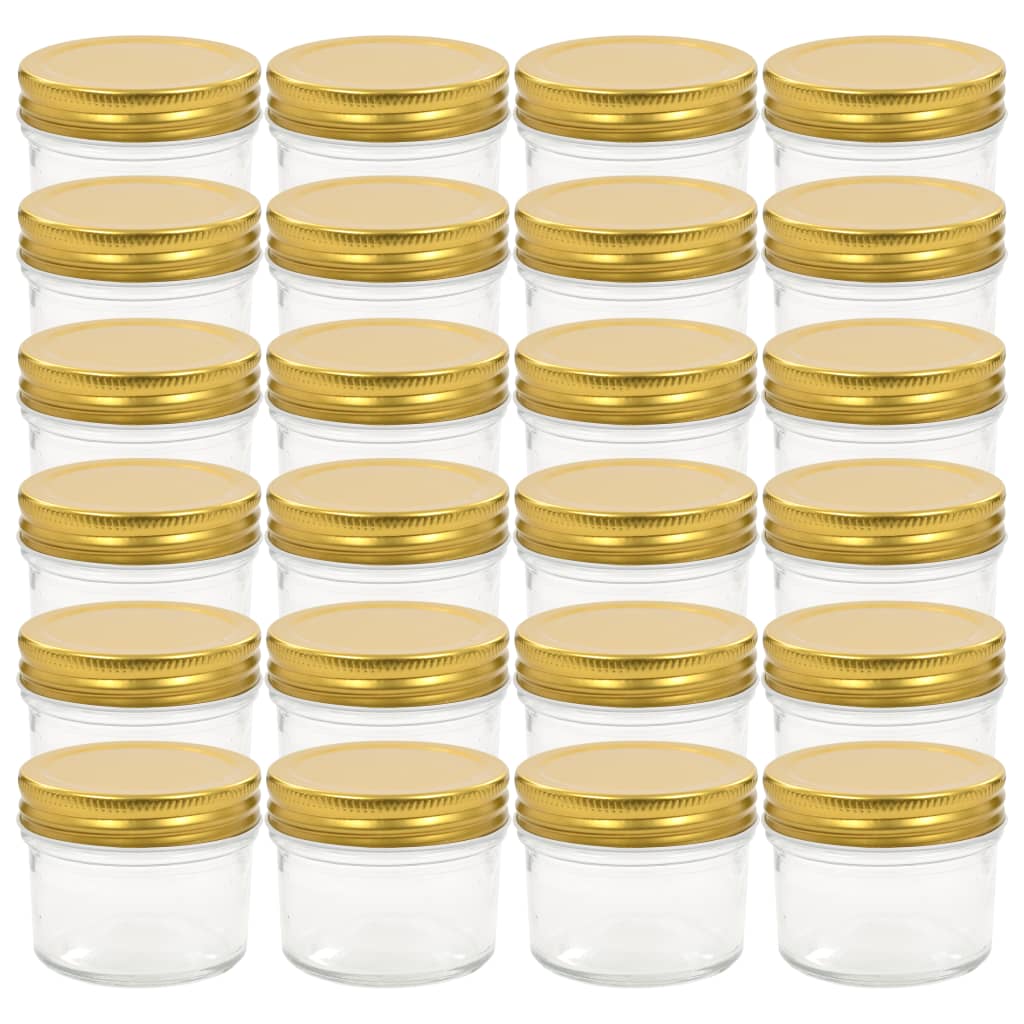 vidaXL Стъклени буркани за сладко със златисти капачки, 24 бр, 110 мл