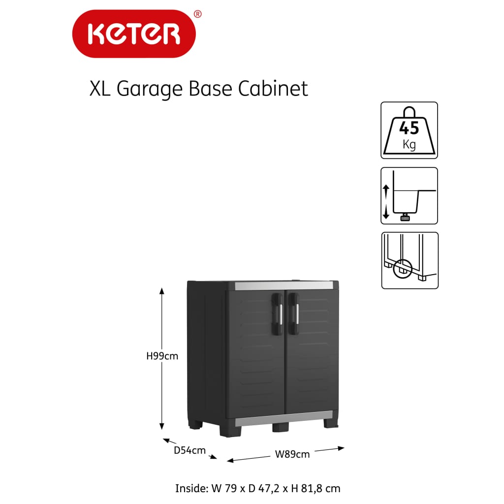 Keter Нисък шкаф за съхранение Garage XL, черно и сребристо, 99 см