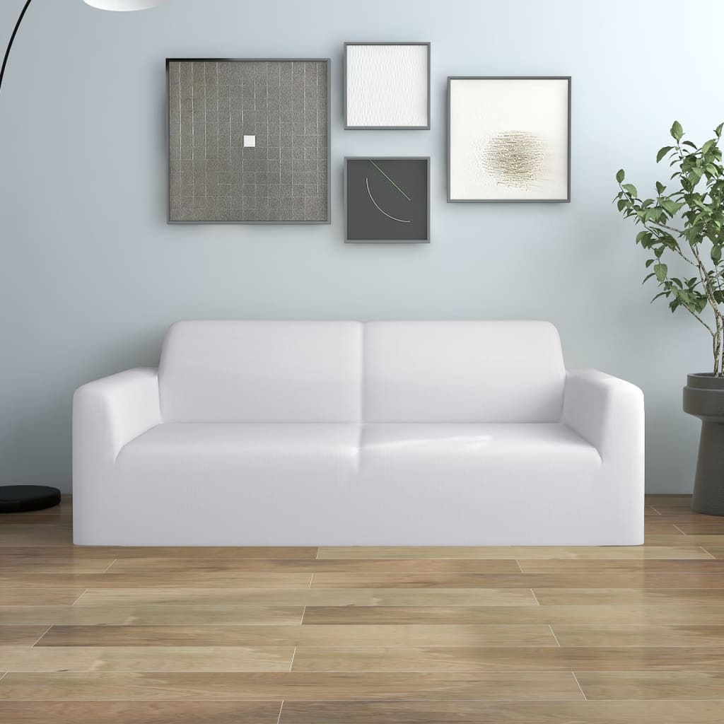 vidaXL Разтеглив калъф за 2-местен диван, бял, полиестерно жарсе