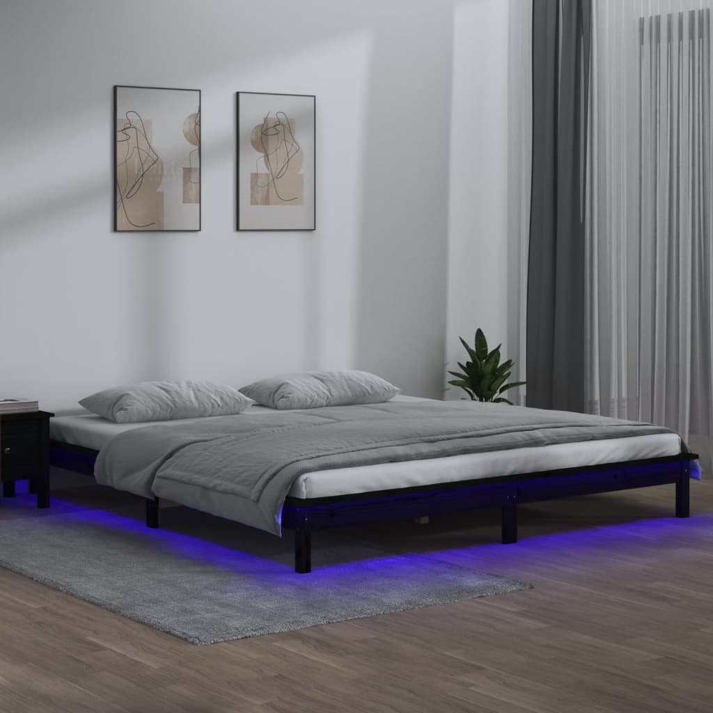 vidaXL LED рамка за легло черна 140x190 см масивно дърво