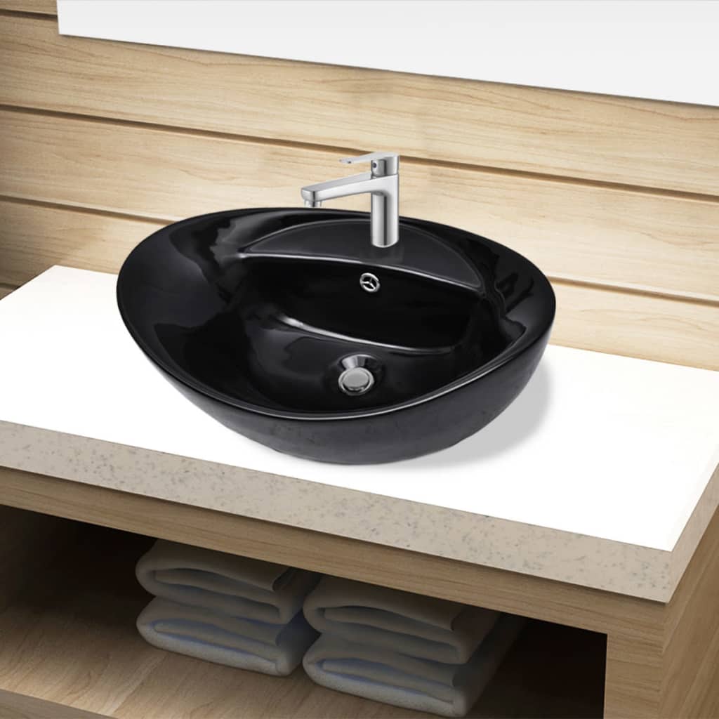 vidaXL Керамична овална мивка с преливник и отвор за смесител, черна