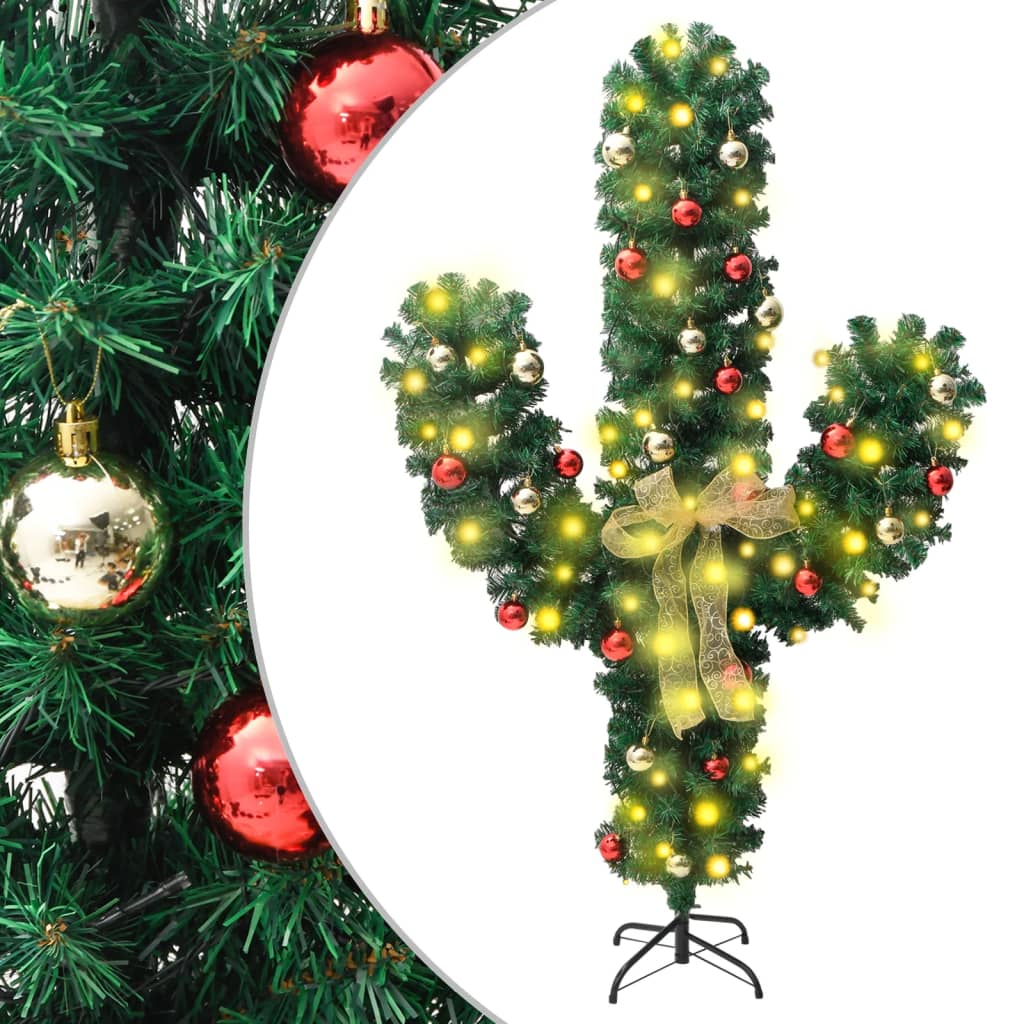 vidaXL Коледен кактус със стойка и LED, зелен, 150 см, PVC