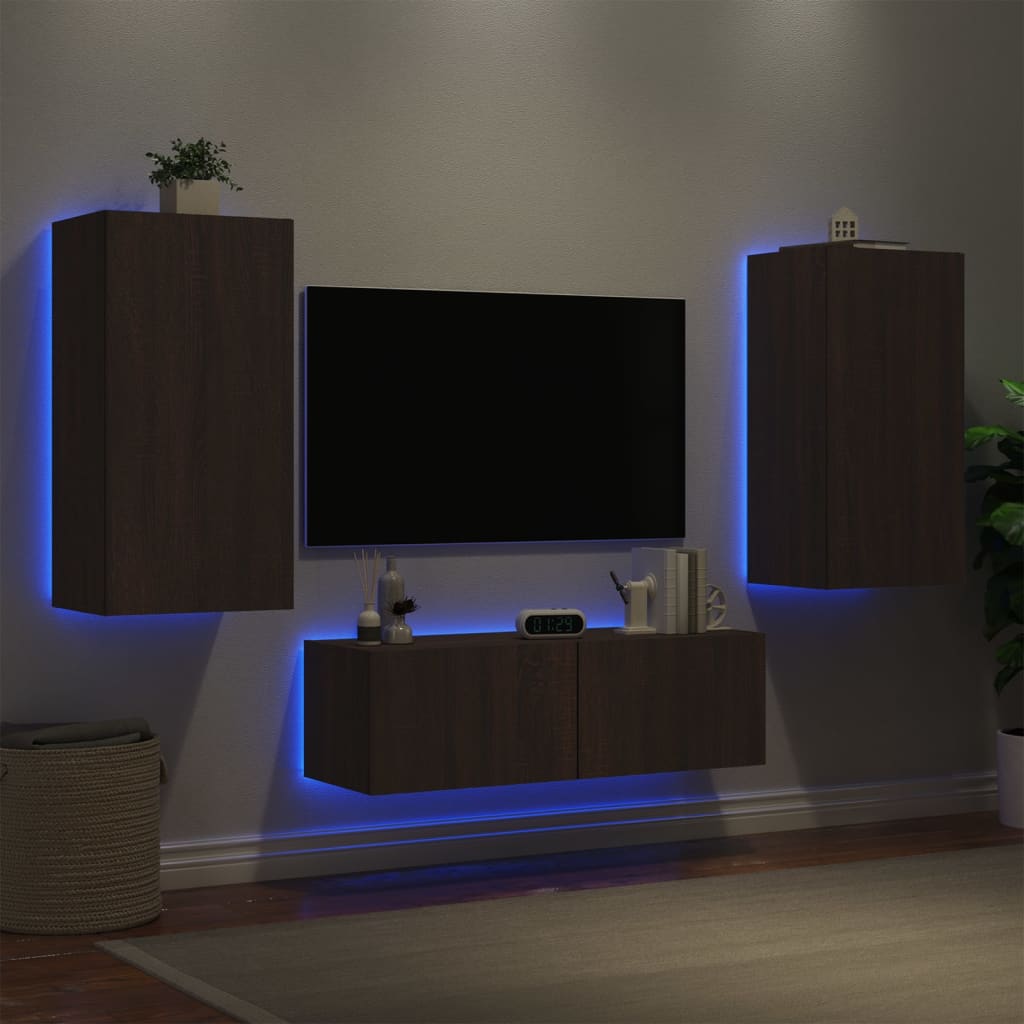 vidaXL ТВ стенни шкафове, 3 части, с LED светлини, кафяв дъб