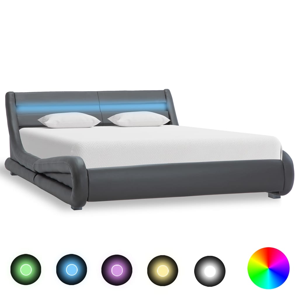 vidaXL Рамка за легло с LED, сива, изкуствена кожа, 140x200 cм