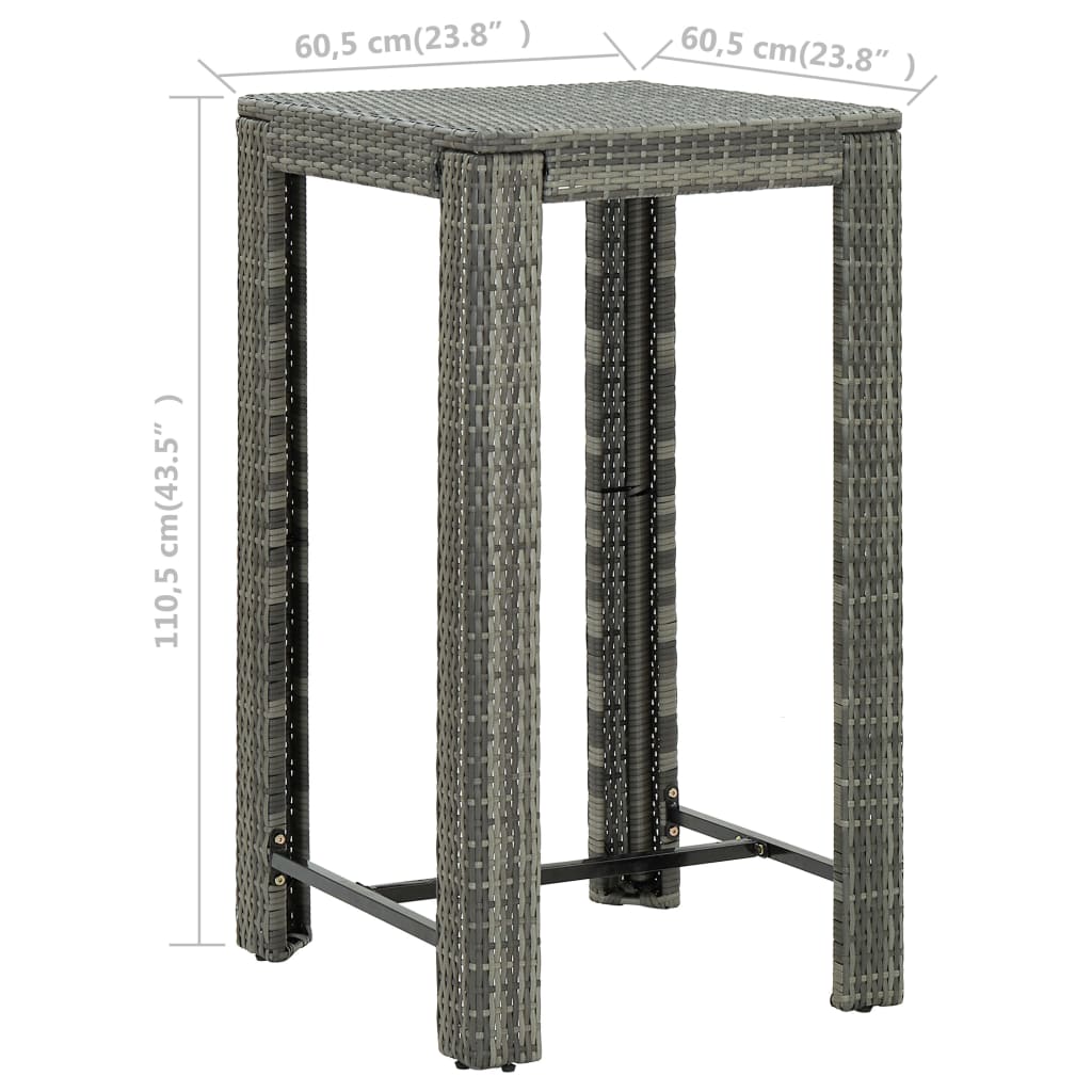 vidaXL Градинска бар маса, сива, 60,5x60,5x110,5 см, полиратан