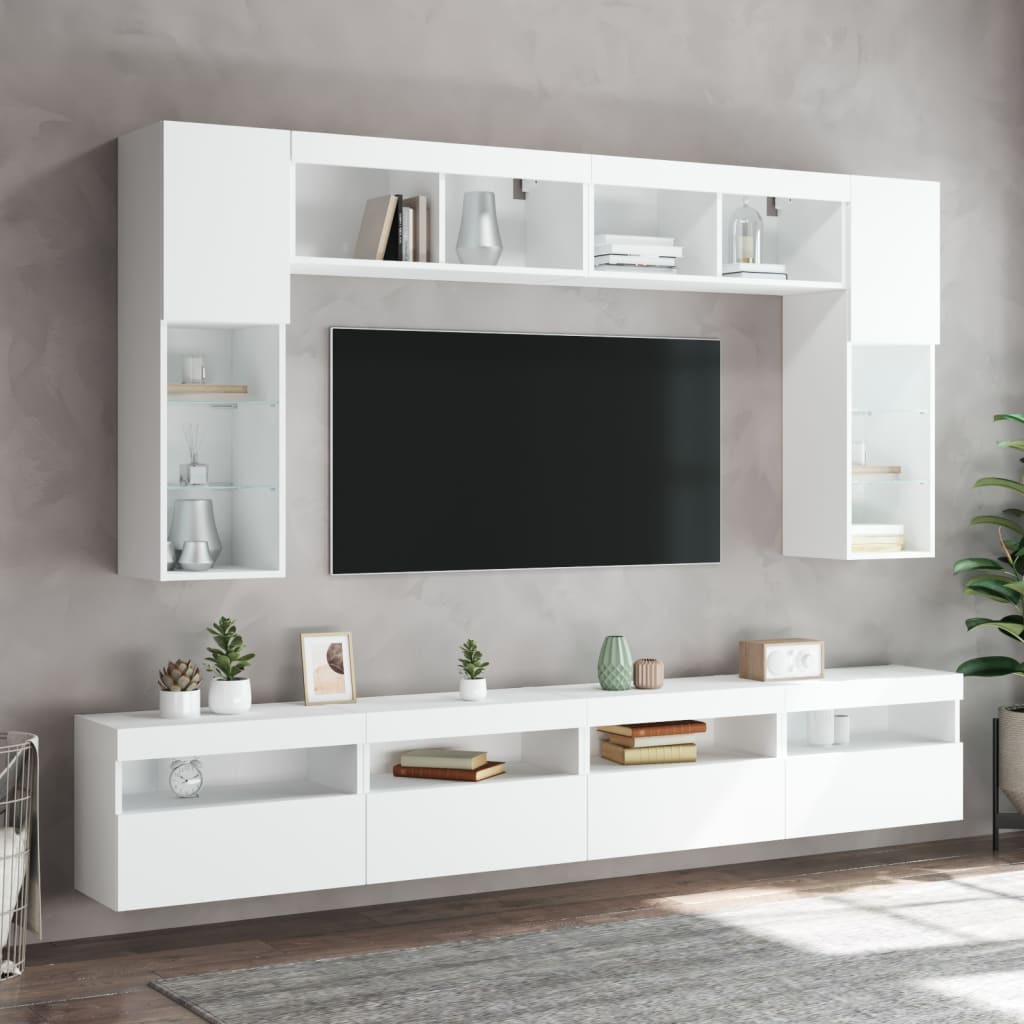 vidaXL Комплект ТВ стенни шкафове, 8 части, с LED светлини, бели