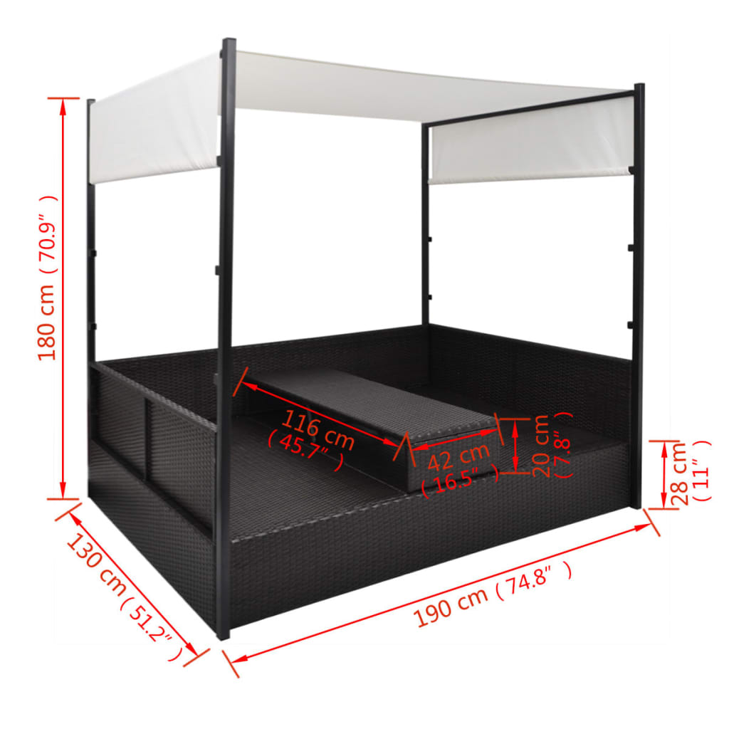 vidaXL Градинско легло с балдахин, черно, 190x130 см, полиратан