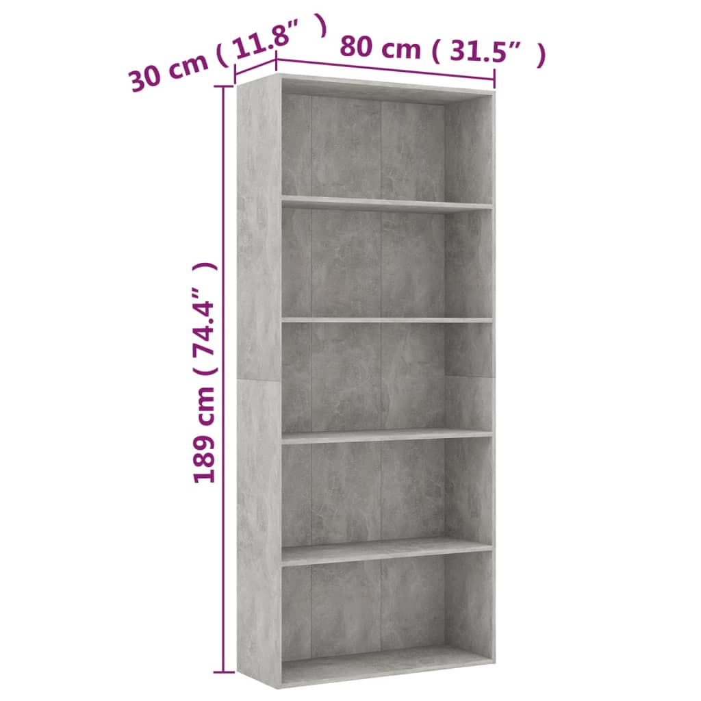 vidaXL 5-етажна библиотека, бетонно сива, 80x30x189 см, ПДЧ