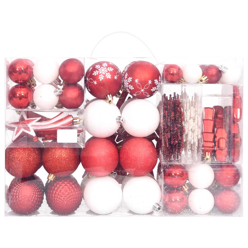 vidaXL Комплект коледни топки от 108 части, червено и бяло