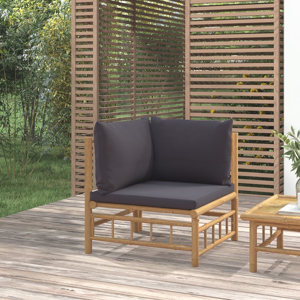 vidaXL Градински ъглов диван с тъмносиви възглавници бамбук