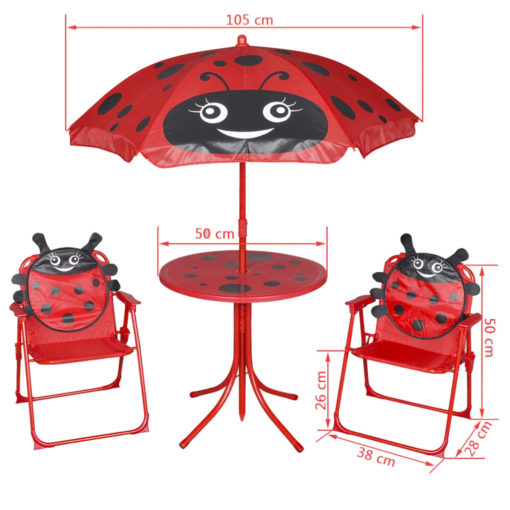 vidaXL Детски градински бистро комплект от 3 части, с чадър, червен