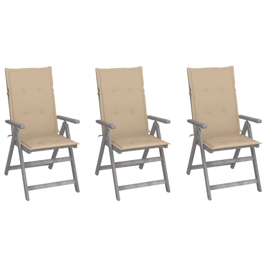 vidaXL Градински накланящи се столове 3 бр с възглавници акация масив