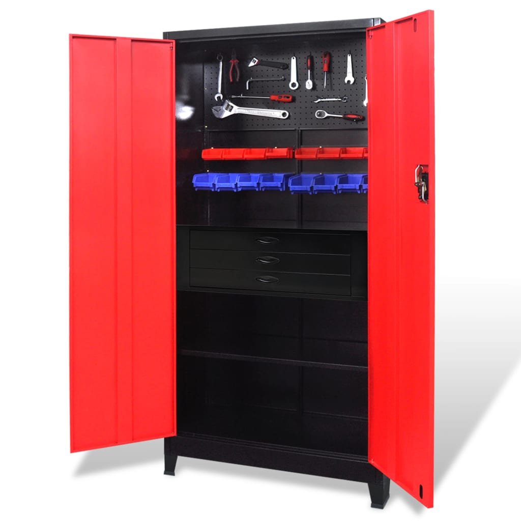 vidaXL Шкаф за инструменти, стомана, 90x40x180 cм, червено и черно