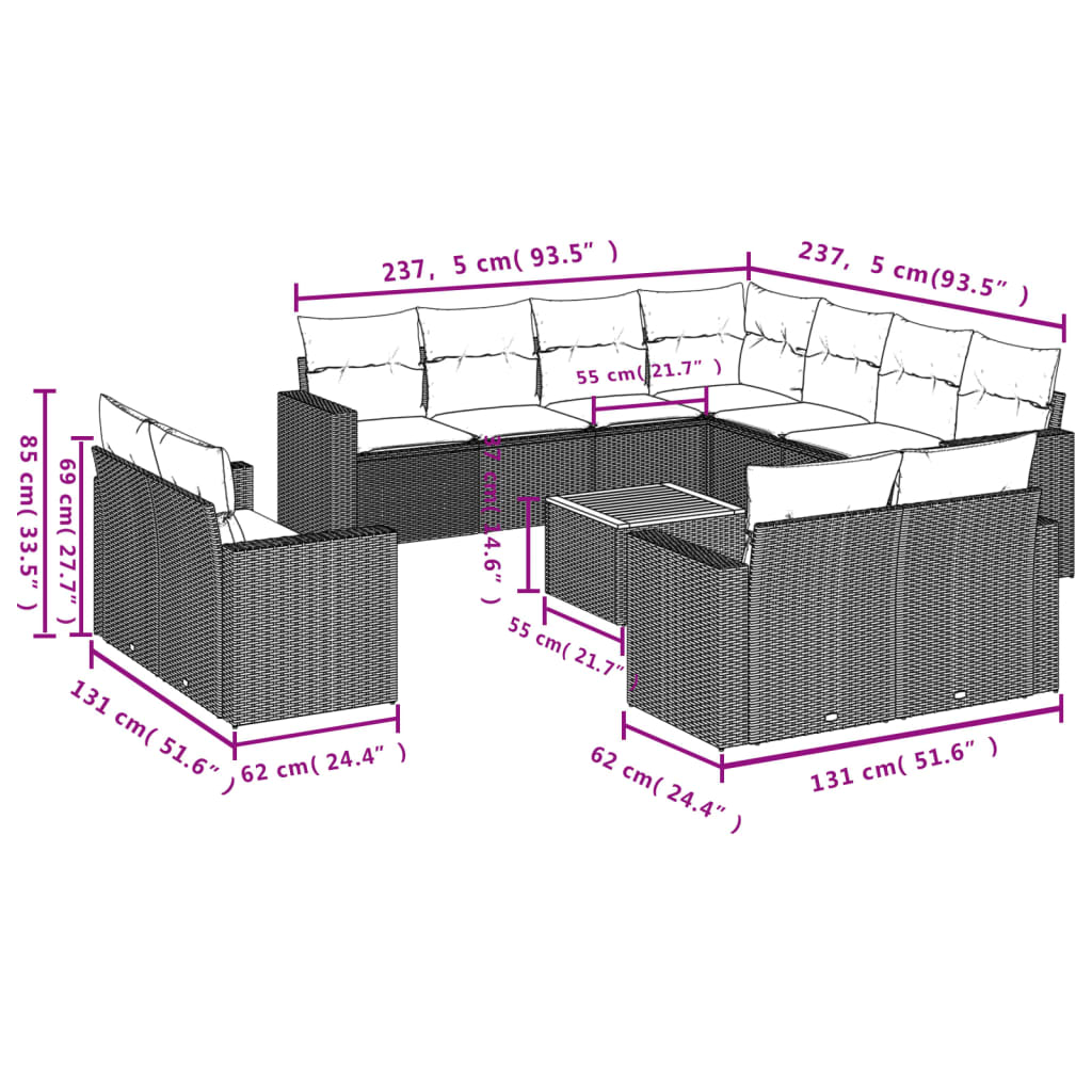 vidaXL Градински диван с възглавници, 12 части, бежов полиратан