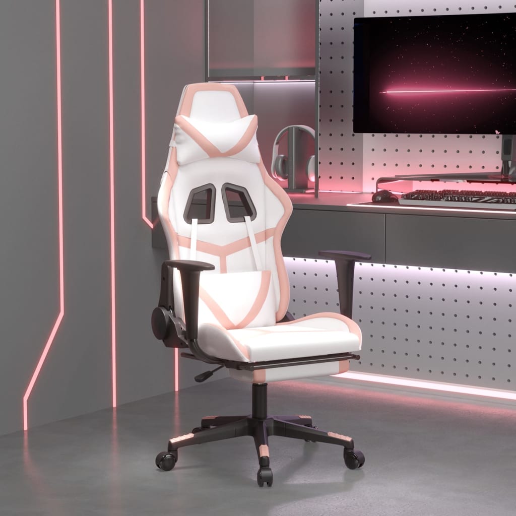 vidaXL Масажен гейминг стол с подложка бяло/розово изкуствена кожа