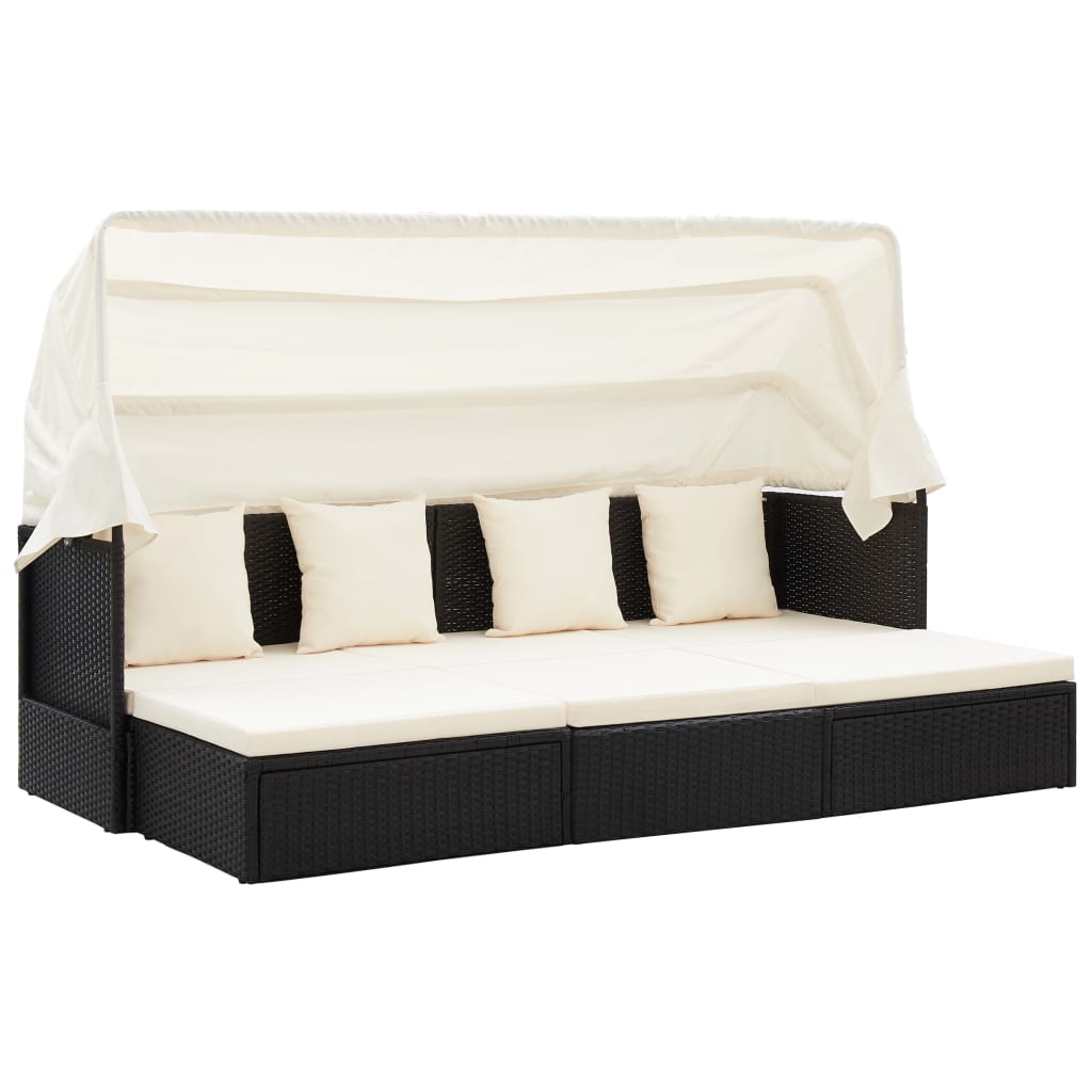 vidaXL Градинско лаундж легло със сенник черен полиратан