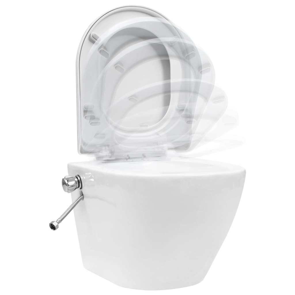 vidaXL Окачена тоалетна чиния без ръб с функция биде, керамична, бяла