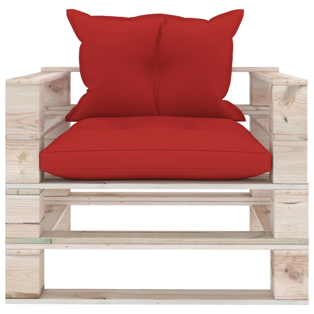 vidaXL Градински палетен диван с червени възглавници, бор