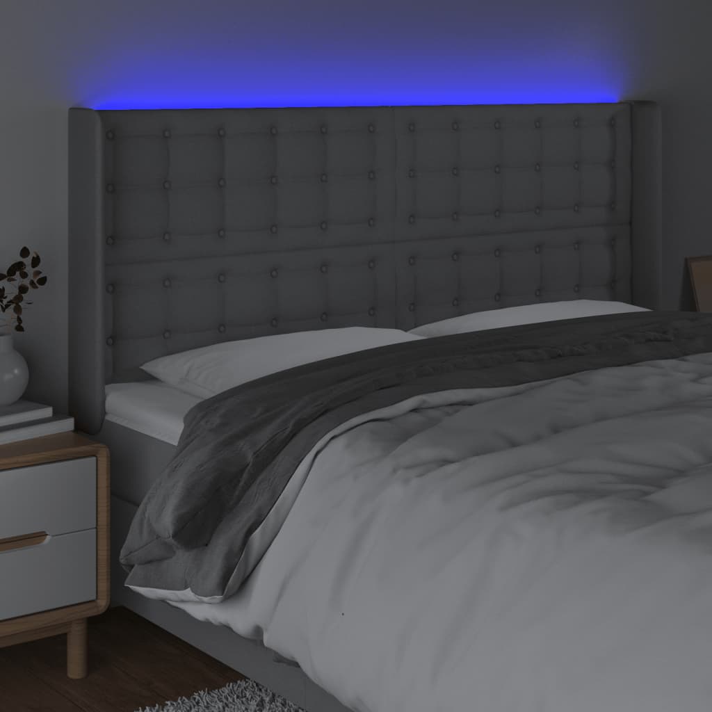 vidaXL LED горна табла за легло, светлосива, 203x16x118/128 см, плат