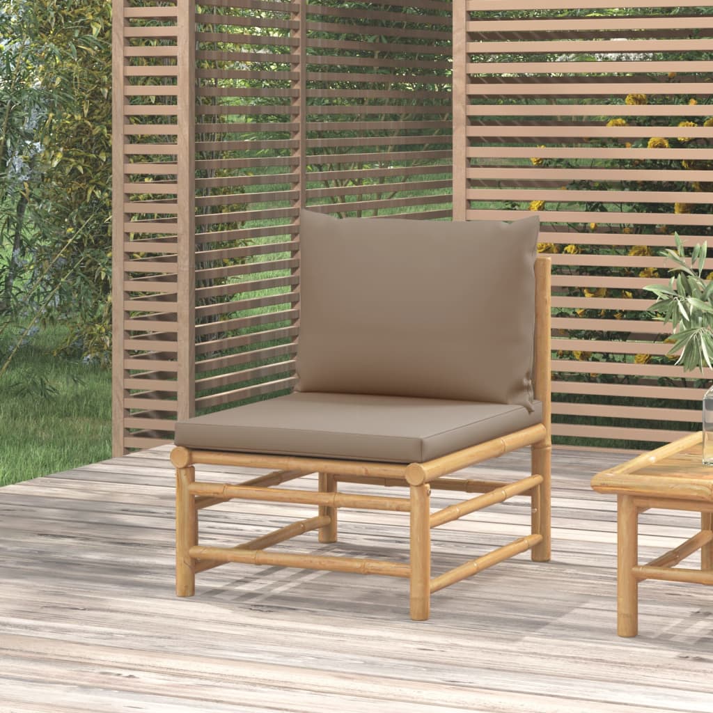 vidaXL Градински среден диван с таупе възглавници бамбук