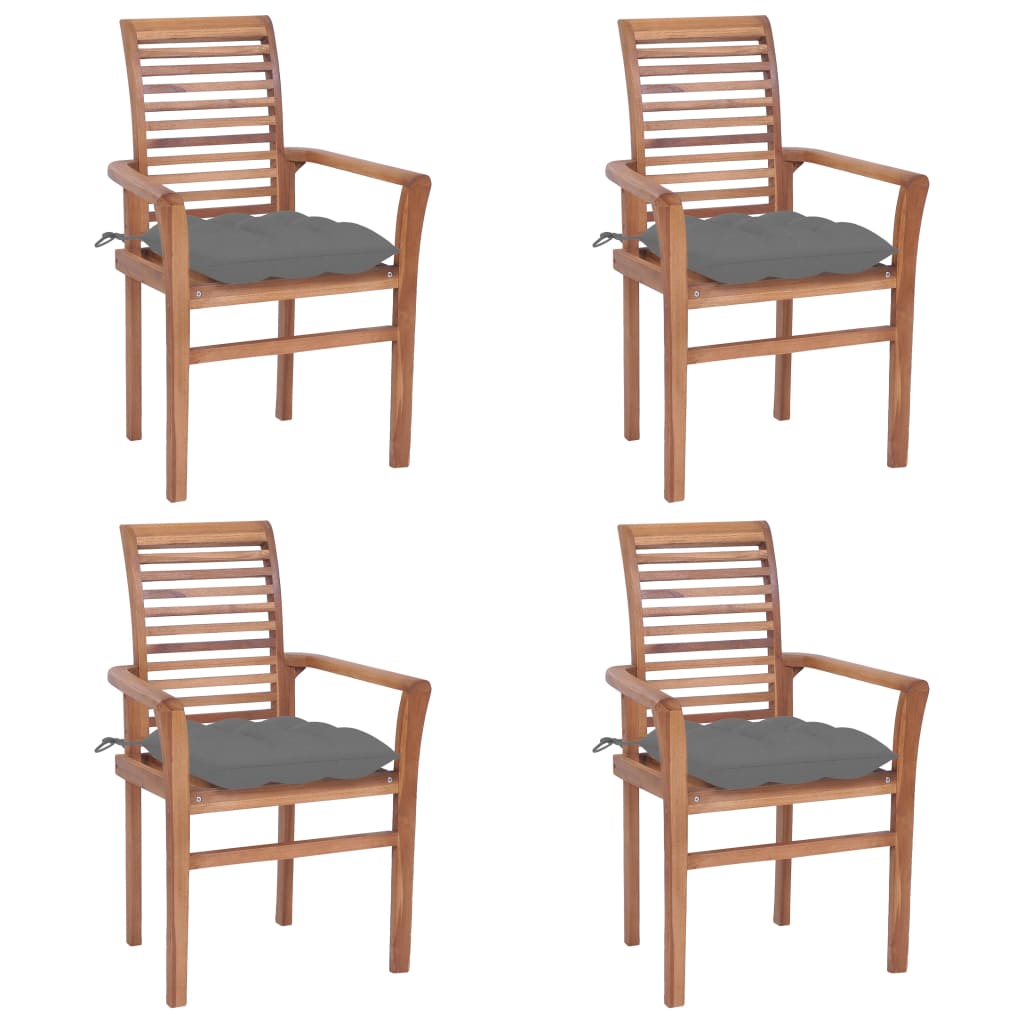 vidaXL Трапезни столове, 4 бр, със сиви възглавници, тик масив